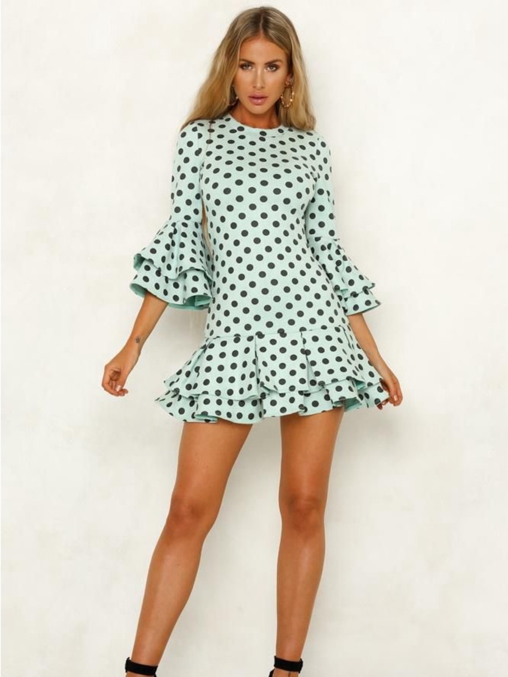 MOSSMAN the wild one mint/black polka dot huge ruffle sleeve mini dress size 4